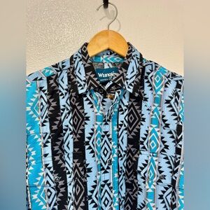 Vintage Wrangler Checotah Long Sleeve Western Pearl Snap Shirt Aztec Size M Blue